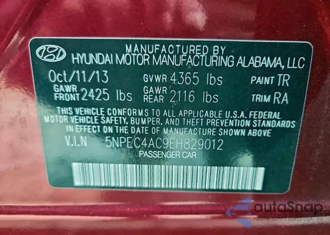 2014 Hyundai Sonata Se z USA, uszkodzony, nr VIN 5NPEC4AC9EH829012